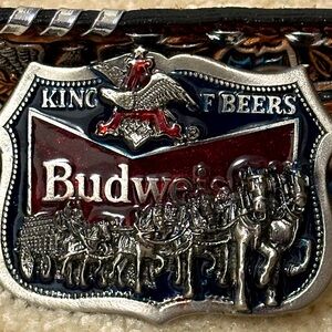 Budweiser Silver and Red Belt Buckle and tooled leather belt size 36